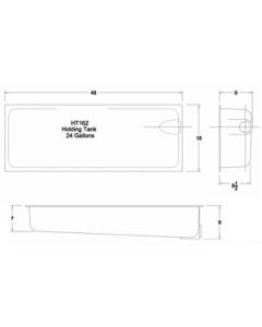 Waste Holding Tank; HT162-ED; Can Be Used For Black Or Gray Water; 24 Gallon Capacity; 48 Inch Length x 18 Inch Width x 9 Inch Height; 3 Inch Diameter Spigot Fitting; With 1-1/4 Inch Solvent Welded Mounting Flange; Center End Drain Location; ABS Plastic; 
