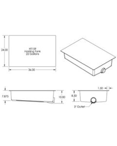 Waste Holding Tank; HT159-ED; Can Be Used For Black Or Gray Water; 22 Gallon Capacity; 36 Inch Length x 24 Inch Width x 10 Inch Height; With 1-1/4 Inch Solvent Welded Mounting Flange; Black; Centre End Drain Location; ABS Plastic; With 3 Inch Spigot Fitti