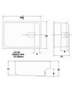 Waste Holding Tank; HT150-RE; Can Be Used For Black Or Gray Water; 18 Gallon Capacity; 29-1/2 Inch Length x 21 Inch Width x 12 Inch Height; 3 Inch Diameter Spigot Fitting; With 1-1/4 Inch Solvent Welded Mounting Flange; Black; ABS Plastic; Recessed End Dr