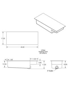 Waste Holding Tank; HT264-RE; Can Be Used For Black Or Gray Water; 20 Gallon Capacity; Black; 43-1/2 Inch Length x 17-1/2 Inch Width x 11 Inch Height; 3 Inch Diameter Spigot Fitting; With 1-1/4 Inch Mounting Flange; ABS Plastic; Recessed Drain Location; W