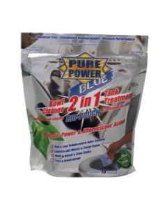 Waste Holding Tank Treatment; Pure Power; Blue; Biological Treatment Used To Break Down Waste and Tissue; Without Formaldehyde; Fresh Clean Scent; Without Lubricant; Treats 40 Gallon Black or Gray Water Holding Tank; Individual Drop-In Treatments; Package