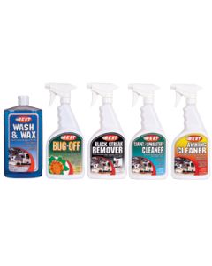Car Detailing Kit; With 32 Ounce Spray Bottle Each Of Black Streak Remover/ Bug-Off/ Carpet/Upholstery Cleaner/ Awning Cleaner/ One 32 Ounce Bottle Of Wash And Wax/ Bonus Of Microfiber Wash Mitt/ RV Care And Maintenance Guide
