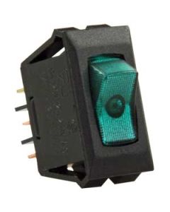 Multi Purpose Switch; 16 Amp At 125 Volt AC/ 12 Amp At 250 Volt AC/ 3/4 Horsepower At 125 To 250 Volt AC/ 10 Amp At 14 Volt DC; Single Pole Single Throw; Rocker; 1.125 Inch x 0.550 Inch Cutout; 1.120 Inch x 0.547 Inch (Switch); Green Illuminated; Black
