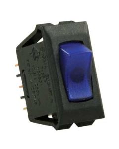 Multi Purpose Switch; 16 Amp At 125 Volt AC/ 12 Amp At 250 Volt AC/ 3/4 Horsepower At 125 To 250 Volt AC/ 10 Amp At 14 Volt DC; Single Pole Single Throw; Rocker; 1.125 Inch x 0.550 Inch Cutout; 1.120 Inch x 0.547 Inch (Switch); Blue Illuminated; Black

