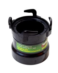 Sewer Waste Valve Fitting; 3 Inch Hub x 3 Inch Bayonet Fitting; Use To Convert Standard Sewer Hose To Rotating Rigid Pipe; Black Plastic
