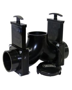 Sewer Waste Valve; Waste Valve For RV Black Water System; Double Valve; Handle Actuated; Ell Double Rotating Valve; 3 Inch Waste Valve; With 3 Inch Spigot x 3 Inch Spigot x 3 Inch Bayonet Cap; With Plastic Handles; With Cap and Strap; Without Coupler
