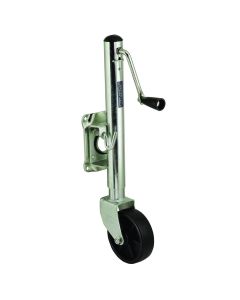 Trailer Tongue Jack; Manual Sidewind Jack; 1200 Pound Capacity; 10 Inch Travel; 12.7 Inch Retracted x 22.7 Inch Extended Height; 11.4 Inch Clearance; Bolt-On; Clear Zinc; With Mounting Hardware/ Handle/ Wheel
