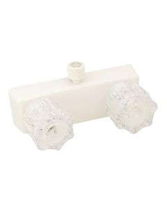 Shower Control Valve; 2 Valve; Single Piece; 4 Inch Center Distance; Knob Handle; Clear Crystal Knob/ White Housing; Plastic; With Vacuum Breaker
