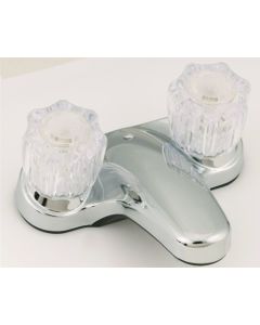 Faucet; Used For Lavatory; Single Piece 4 Inch Deck-Mount; 2 Clear Crystal Knob Handle; Chrome Plated/ Plastic
