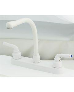 Faucet; Ultra Line; Used For Kitchen; Single Piece 8 Inch Deck-Mount; High-Rise Spout; 2 Teapot Handle; White/ Plastic
