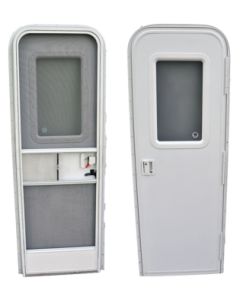 Entry Door; Radius Door; 28 Inch Width x 72 Inch Height; Right Side Hinges; Keyed Entry; Polar White With Pebble Finish; With White Handle and Hardware; With 12 Inch x 21 Inch Fixed Window With Obscure Glass and White Frame; With 1 Inch Residential Style 