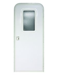 Entry Door; Radius Door; 26 Inch Width x 72 Inch Height; Right Side Hinges; Keyed Entry; Polar White With Pebble Finish; With White Handle and Hardware; With 12 Inch x 21 Inch Fixed Window With Obscure Glass and White Frame; With 1 Inch Residential Style 