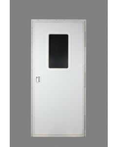 Entry Door; Square Door; 24 Inch Width x 70 Inch Height; Right Side Hinges; Keyed Entry; Polar White With Pebble Finish; With White Handle and Hardware; With 12 Inch x 21 Inch Fixed Window With Obscure Glass and White Frame; 3 Inch Vertical Backing; With 