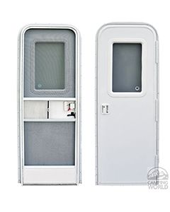 Entry Door; Radius Door; 24 Inch Width x 72 Inch Height; Right Side Hinges; Keyed Entry; Polar White With Pebble Finish; With White Handle and Hardware; With 12 Inch x 21 Inch Fixed Window With Obscure Glass and White Frame; With 1 Inch Residential Style 