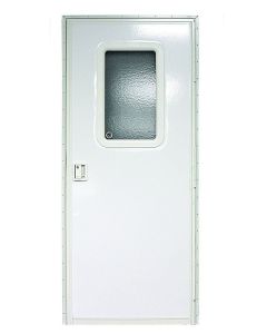 Entry Door; Square Door; 30 Inch Width x 72 Inch Height; Right Side Hinges; Keyed Entry; Polar White With Pebble Finish; With White Handle and Hardware; With 12 Inch x 21 Inch Fixed Window With Obscure Glass and White Frame; 3 Inch Vertical Backing; With 