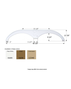 68 5/8" x 14 1/8" - Polar White tandem axle fender Skirt. Constructed of durable high-impact ABS plastic. These fender Skirt fit certain models of Forest River Cardinal trailers. May also fit Cedar Creek, Cherokee, Rockwood, Salem, Sierra, Wildcat & Wildw
