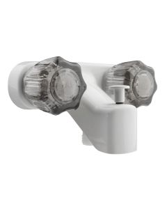 Faucet; Used For Bathtub; Single Piece 4 Inch Wall Mount With Pull-Up Tub/ Shower Diverter; 2 Smoked Acrylic Knob Handle; White/ Plastic; 2 Hole Application; 1/4 Turn Washerless Cartridge Valve
