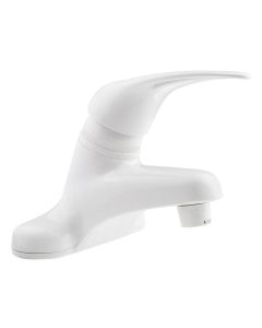 Faucet; Used For Lavatory; Single Piece 4 Inch Deck Mount; Single Loop Lever Handle; White/ Plastic; 2 Hole Application; Washerless Valve
