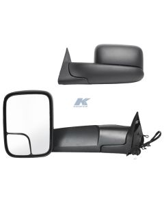 9802 DODGE RAM 1500/2500/3500 PR HEATED POWER OE MIRROR BLK TOWING PKG FLIP OUT HEAD W/ BLIND SPOT, Exterior Towing Mirror; OEM Replacement; 10 Inch x 7 Inch With 4-1/2 a Inch Spot Mirror; Driver Side Has a 17-1/2 Inch Extension; Passenger Side Has a 22 I