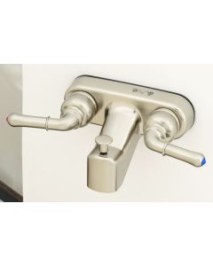 Faucet; Ultra Line; Used For Bathtub; Single Piece 4 Inch Wall Mount With Tub/ Shower Diverter; 2 Teapot Handle; Nickel Plated/ Plastic; With Vacuum Breaker
