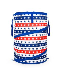 Collapsible Container; Pop-Up Utility Container; 18 Inch Diameter x 24 Inch Height When Open/ 2-1/2 Inch Height When Collapsed; Blue/ Red With Stars; With Liner/ Padded Carry Handles/ Zipper Lid/ Stake and Storage Bag; Holds 30 Gallon Trash Bags
