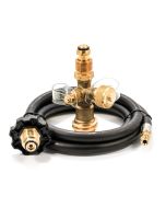 Propane Supply Splitter; Allows Connection of Additional Appliances; Female Prest-O-Lite (POL)/ Male ACME Thread x Excess Flow Soft Nose Prest-O-Lite (POL) x 1 Inch-20 Male Throwaway Cylinder Thread x 1/4 Inch Inverted Flare; 4 Ports; With 5 Foot Supply H