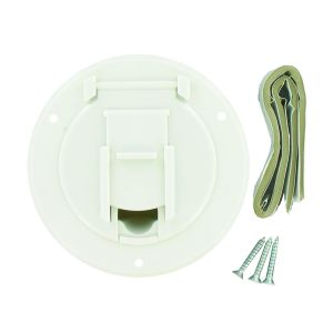 Electrical Cord Hatch; Electrical Hatch; 4.3 Inch x 2.3 Inch; Round; For 2.8 Inch Cutout; Accepts Up To 50 Amp Cord; Polar White; Plastic; Not Lockable; With Frame/ Door/ Door Latch/ Installation Hardware and Tape