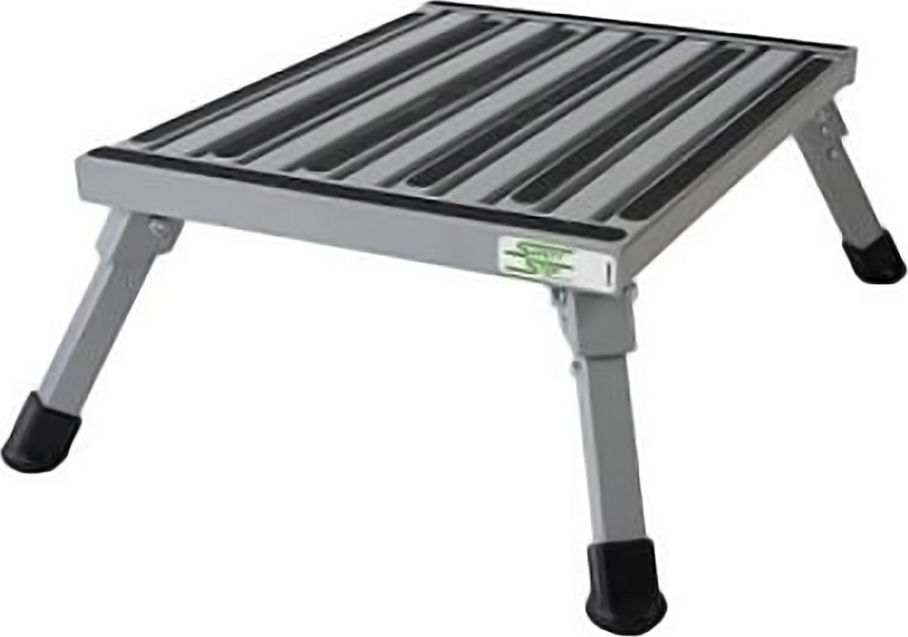 The Rugged All Aluminum Anti-Tip Large Folding Safety Step Intextured Silver Vein Powder Coat Finish. Impossible To Tip Over